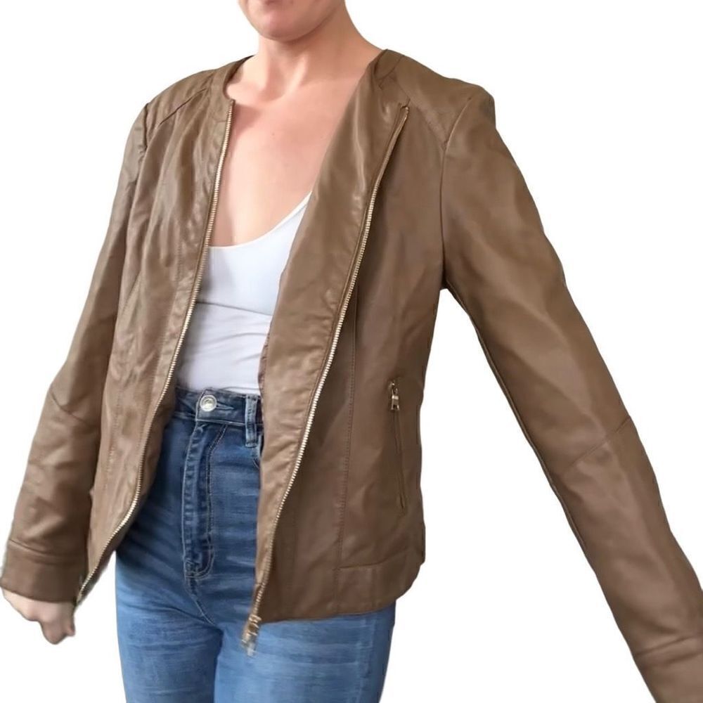 Charter Club Brown Faux Leather Moto Zip Jacket Jacket L‎